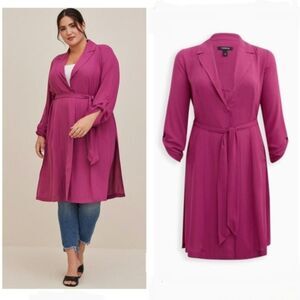 Torrid Lightweight Chiffon Drape Trench Coat Fuchsia 3/4 Sleeve Pockets Plus 5X